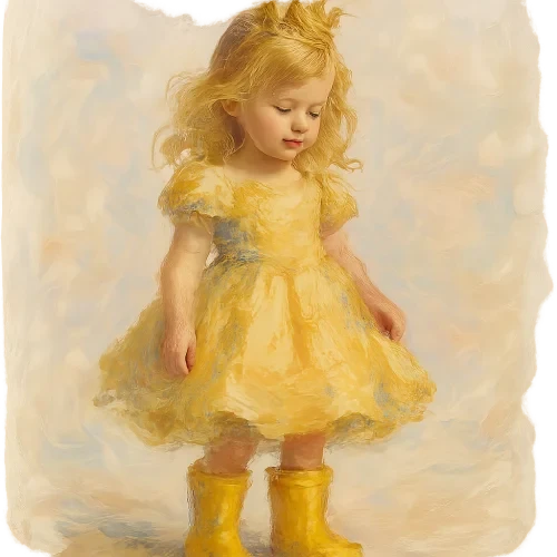 Free flowing whimsy oil painting style image of a 5 year old blonde princess wearing yellow rain boots