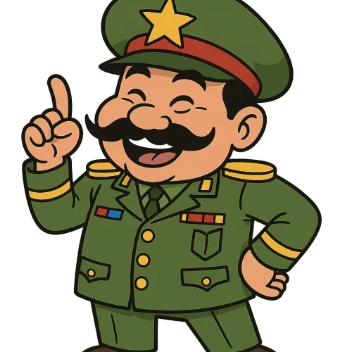 “Funny cartoon-style Asian Vietnamese colonel, clearly Southeast Asian facial features, big military hat with a star, exaggerated uniform, playful confident pose, goofy friendly expression, humorous mustache, bright colors, clean bold outlines, PNG transparent background, high-quality meme character, light-hearted and respectful design.”