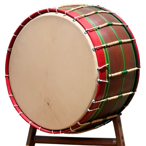 a beautifully decorated,  detailed image of a traditional Indian Dhol drum standing tall, uhd, 128k