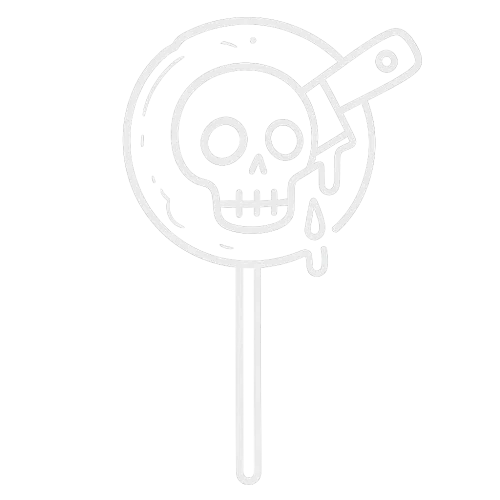 a white outline of a creepy halloween lollipop with a little bloodied blade in it
