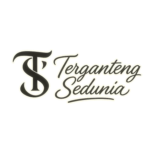 Create a transparent PNG signature with the text "Terganteng Sedunia" in elegant, flowing italic lettering. Make the style artistic, unique, and premium. On the left side, add a stylized monogram “TS” designed like a distinctive, iconic logo — bold, creative, and eye-catching, with a unique shape that feels custom-made. Apply a soft glow effect around both the monogram and the signature so the design looks clear, luminous, and standout. Keep everything clean, smooth, and professional. No background. Transparent PNG output.