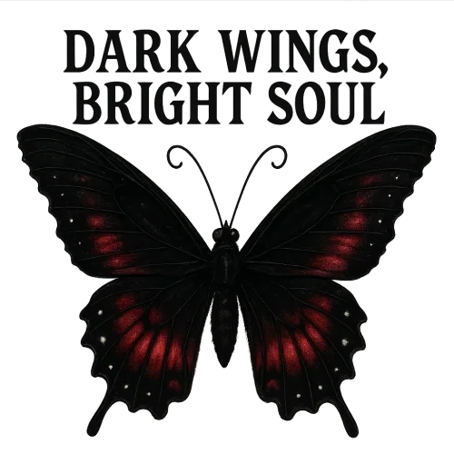 A dark gothic butterfly with black and crimson wings, glowing white highlights, with the phrase “DARK WINGS, BRIGHT SOUL” in gothic serif font, transparent background, high resolution, perfect for alternative fashion
