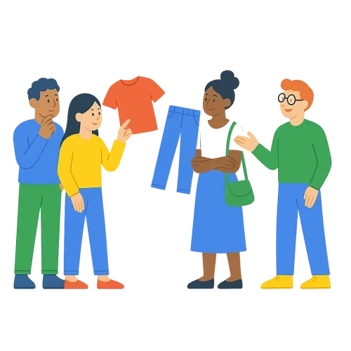 reference google.com website style illustration style with a clean, transparent background and characters in different poses. Based on  my request for a similar illustration where characters are looking at clothes they want to buy,