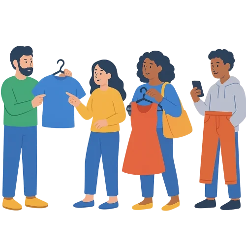 reference google.com website style illustration style with a clean, transparent background and characters in different poses. Based on  my request for a similar illustration where characters are looking at clothes they want to buy,