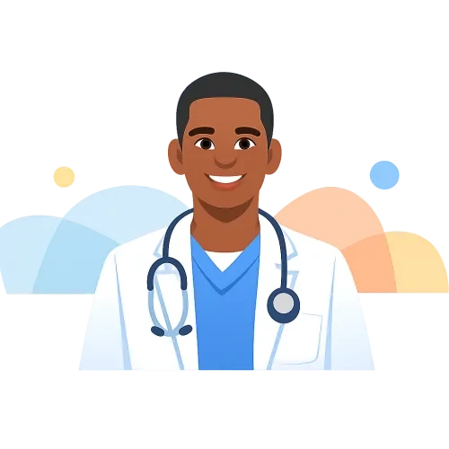 A clean, modern cartoon illustration in the style of Google Material Design. A friendly Black male doctor in his early 30s, wearing a white lab coat and blue medical scrubs. Simple geometric shapes, soft pastel colors, flat design with subtle gradients. Minimal details, smooth lines, no heavy shadows. Professional, approachable, trustworthy expression. Light neutral background with abstract shapes, no text, no logos, no watermark. Centered, horizontal composition, perfect for a website carousel hero section.