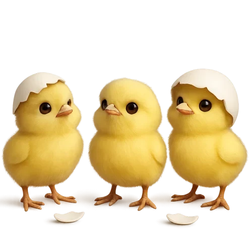 On a transparent background  Realistic and animated style Three small 3D chicks, realistic and animated They don't move, they're looking up They're cute and three-dimensional Some eggshells remain