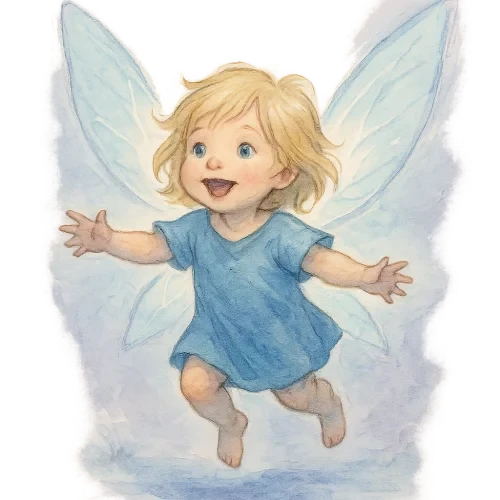A 2-year-old child with medium-length blonde hair and blue eyes, wearing a simple flowing blue outfit, with large glowing transparent fairy wings inspired by the heroine from Child of Light. Flying over the ground with a gleeful expression. Illustrated in a dreamy watercolor style, soft brushstrokes, pastel blue and lavender tones, ethereal fantasy atmosphere, luminous backlight, delicate outlines, storybook art style, Ubisoft Montreal concept art style, transparent background.