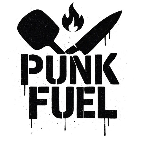 Punk streetwear spray paint stencil graphic, centered design. Text: "PUNK FUEL" in distressed spray-paint letters, paint drips, rough edges. Behind text: crossed pizza peel and chef knife like a skull-and-crossbones, small flame above the X, gritty underground food truck rebellion aesthetic. High contrast, vector, no background, perfect for screen printing.