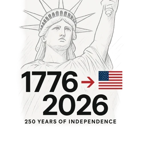 Minimalist T-shirt design, front only.  Bold geometric text "1776 ➜ 2026" in large font, below smaller text "250 Years of Independence".  Background: subtle artistic sketch of the Statue of Liberty, minimal detail but visually interesting, not overpowering the text.  Include a small American flag integrated subtly into the design, for example near the text or sketch.  Color scheme: mostly black, white, red, plus subtle accents of blue and gold to add depth, harmonious but minimalist.  Style: clean lines, modern streetwear, flat colors, subtle shading, minimalist American Comics-inspired, suitable for T-shirt printing, PNG with transparent background, no mockup, no extra decorations.