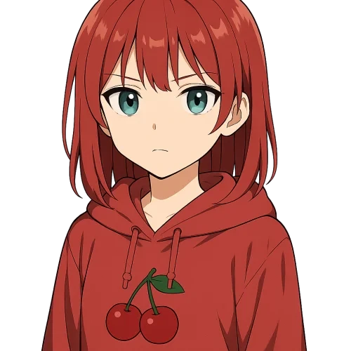a 2D digital anime-style illustration of a young Japanese girl with medium-length straight red hair, greenish-blue eyes, wearing a red hoodie with a cherry symbol in the center, neutral lighting, clean line art, proportional head and body, cute expression, high detail, soft shadows, vibrant colors, transparent background neutral serious face