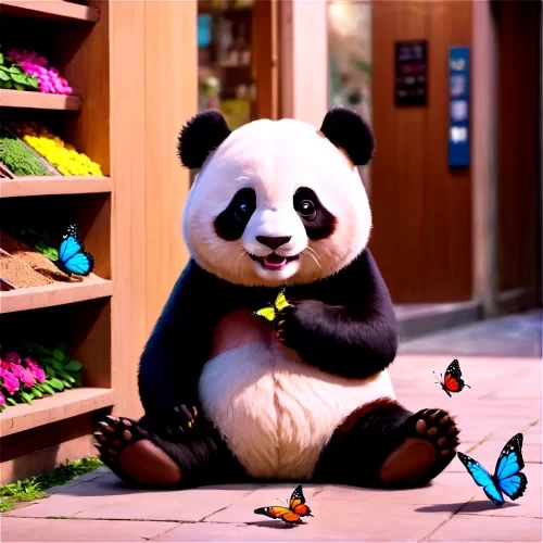 panda sitting in the ground  of the shop ,with create  ,colorful ,funful and joyful , some butterfly flying around the panda,cute and beauty,