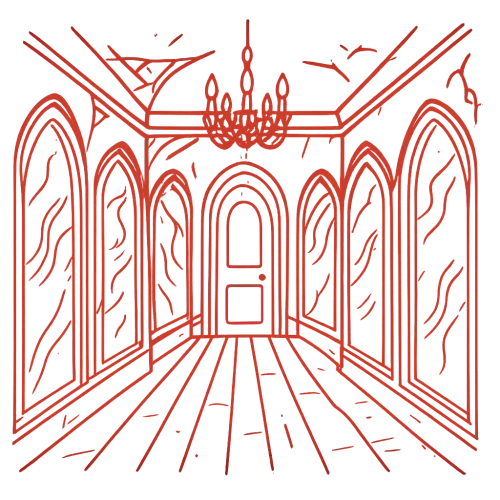 a red outline of a spooky room of mirrors, transparent background