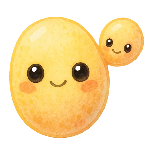 rich vibrant watercolor illustration, cute kawaii microbiology character, budding yeast buddy with two round connected cells, pastel sunshine yellow and peach pigments softly blended, tiny cell wall texture, big shiny eyes, rosy cheeks, soft edges, no text, no border, transparent background