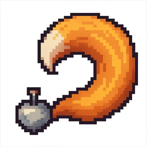 8bit pixel art style, small grey metal turnip with no leaves positionned in the bottom left corner and a large fox tail sprouting from the top of the turnip, swirling clockwise from the turnip to the tip of the tail and taking most of the picture space