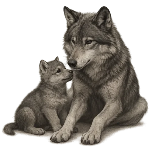 Wolf, Mama mit Wolf Welpen
