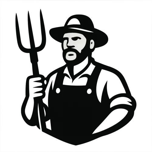 a logo of a farmer holding a folk