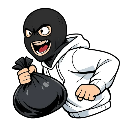 A simple cartoon-style illustrated character wearing a black wool balaclava with only eyes and mouth visible, dynamic left profile pose from waist up, wearing a basic white hoodie, holding a black trash bag like running after a theft scene, expression under the balaclava showing crazed wild eyes and open mouth, simple line art with varied line thickness, clean bold outlines, flat colors with subtle shading, transparent background, high resolution PNG with no extra elements.