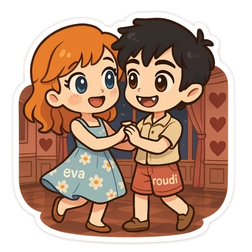 Cute cartoon couple, girl with orange hair and blue eyes wearing sweet dress of summer with "eva", boy with black hair and brown eyes vampire teeth wearing cute outfit of summer with "roudi", dancing in the lux room of hearts in the night, sweet couple sticker style, transparent background, 512x512