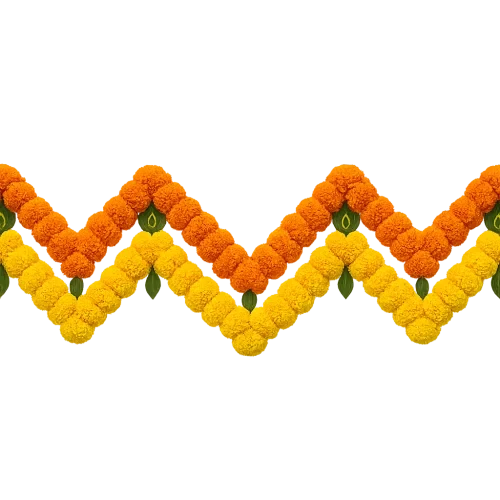 Long horizontal Indian toran garland made of marigold flowers, wavy zigzag pattern in bright orange and yellow colors with small green leaf or peacock eye motifs. Decorative festive design hanging style, realistic texture, detailed petals, symmetrical and continuous pattern across the full width. Plain white background, isolated, no shadows, high resolution, seamless border design.