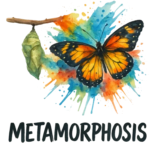 A butterfly transforming from a cocoon into vibrant watercolor splashes, artistic brush stroke effect, with the word “METAMORPHOSIS” in bold hand-drawn brush lettering, transparent background, high resolution, perfect for print on demand