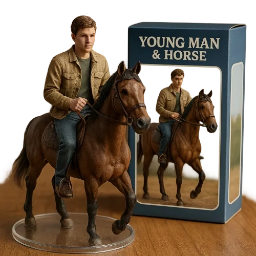 A hyper-realistic 3D collectible figurine of a young man riding a horse, placed on a transparent round base. Next to the figurine, there is a branded toy box featuring the same character and design. The scene is set on a wooden desk with natural lighting, making it look like a real product photo. Full HD, ultra-detailed, realistic textures, PNG quality.