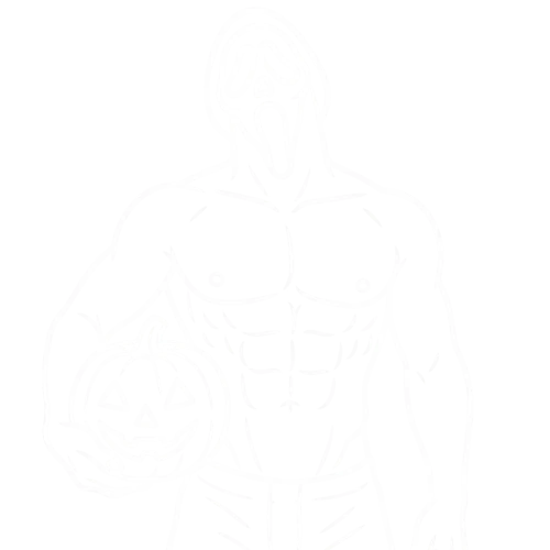A white outline of Ghostface from the Scream movie, with no black robe, with man's bare chest and visible abs and v-line, head tilted back, holding a pumpkin in one arm, transparent background