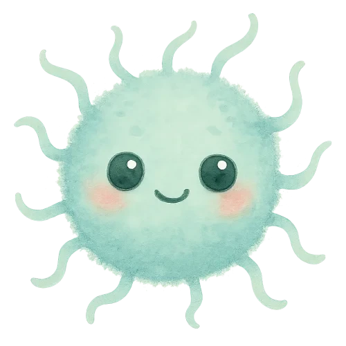 soft watercolor illustration of a cute round teal bacteria with wavy flagella, big shiny kawaii eyes, rosy cheeks, gentle pastel colors, soft edges, friendly expression, no text, no border, transparent background