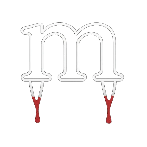 a white outline of the lowercase letter m with bloody fangs