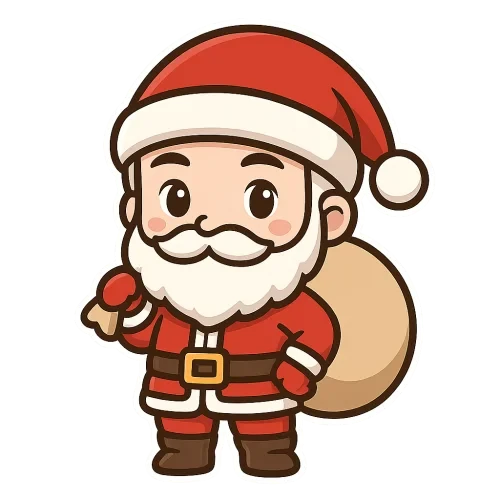 cute handsome anime santa claus mascot, full body, clear clean outlines, simple color palette, kawaii expression, christmas hat visible, stickers style, transparent background, high resolution, no text, no watermark