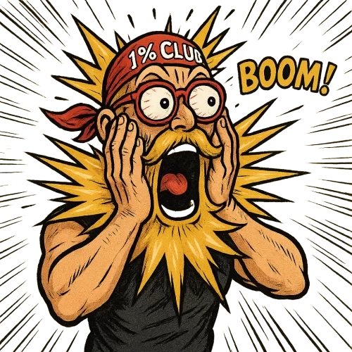Same character as base prompt (golden explosion beard, red sunglasses, '1% Club' red bandana), now screaming in shock with eyes popped out, hands on cheeks, golden beard standing on end, small 'BOOM!' text effect near head (transparent), comic-style speed lines, transparent PNG.