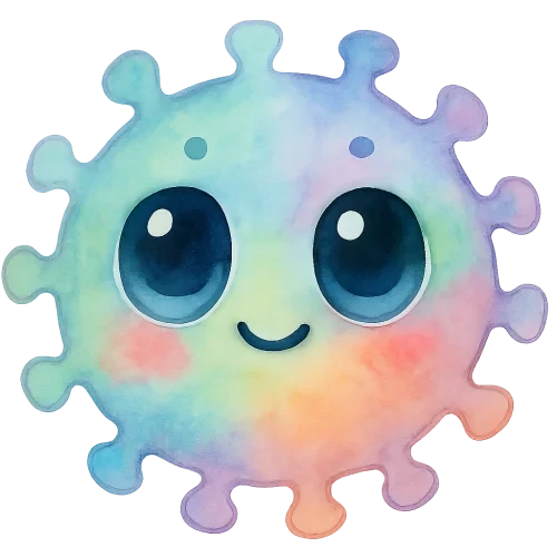 rich vibrant watercolor illustration, kawaii microbiology character, bouncy round pastel rainbow virus buddy with soft spike bumps, blending sky blue mint green lavender and soft peach, large shiny oval eyes, deep black pupils, with big pale blue and pale pink reflective highlights (not white so they remain visible on transparency), tiny dot eyebrows, small smiling mouth, rosy cheeks, soft diffuse edges, no text, no border, transparent background