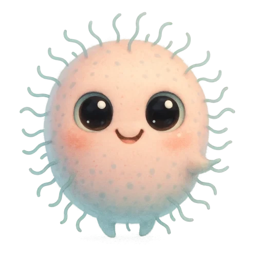 Cute round bacteria creature with big sparkling eyes, tiny waving flagella, soft pastel colors, smooth texture, friendly smile, friendly monster microbiology character, high detail, no text, no border, transparent background