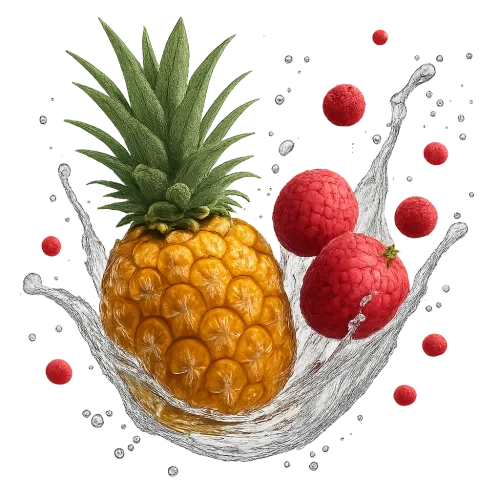 gnerate 3 png file images of splash fruits of pineapple and lychee, mango and passion, strawberry and raspberry....... use the 2 fruits together and make more splash with tiny fruits everywhere