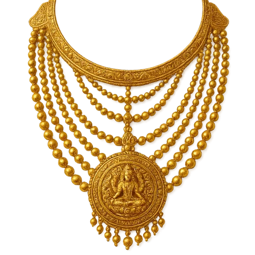 “highly detailed Indian gold necklace, multi-layer temple jewelry style, ornate round pendant in the center, multiple gold bead chains, polished golden shine, engraved patterns, realistic metal reflections, intricate detailing, symmetric design, front view, isolated, clean edges, transparent background, PNG style, no shadows, no background”