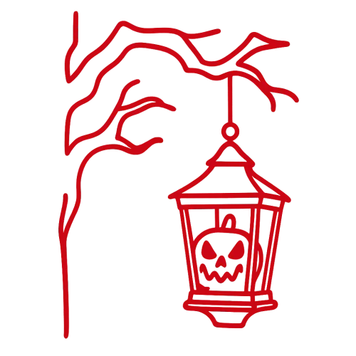 a red outline of a spooky halloween lantern hanging from a spooky looking branch from the side