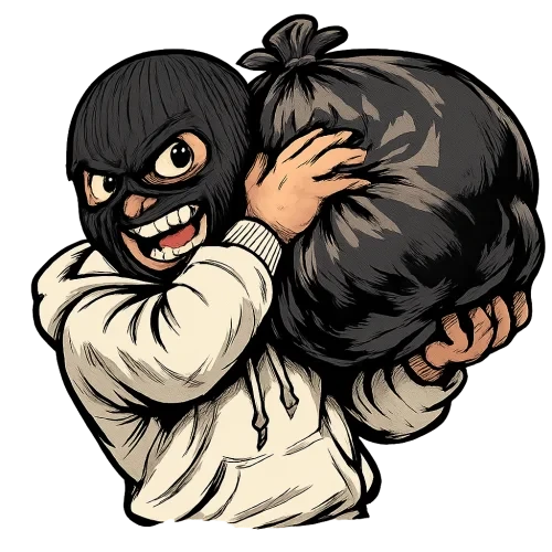 A mature vintage cartoon-style illustrated character in dynamic left profile from waist up, wearing a black wool balaclava showing only eyes and mouth with a crazed wild expression, a basic white hoodie, holding a heavy black trash bag supported on his shoulder with both hands as if weighing a lot, classic cartoon line art with varied line thickness and expressive bold outlines, slight muted color palette and subtle shading, transparent background, high resolution PNG with no extra elements.