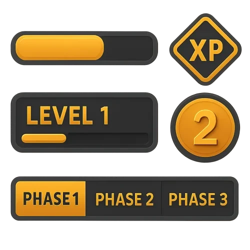 game elements to decorate design like leveling bars, xp, phases and level icons