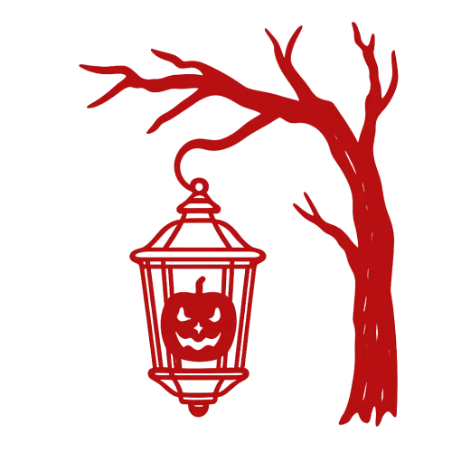 a red outline of a spooky halloween lantern hanging from a spooky looking branch from the side