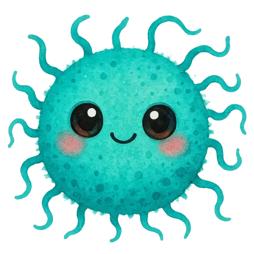 vibrant watercolor illustration of a cute round teal bacteria with strong pigment, rich color saturation, defined soft edges, wavy flagella, big shiny kawaii eyes, rosy cheeks, friendly expression, no text, no border, transparent background