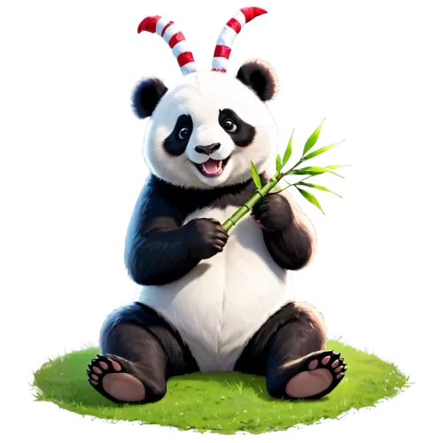 a PNG picture,a cute panda sitting in the ground  of merry chrismas ,eatting bamboo, some colorful butterfly, cute and beauty,  full with create  ,colorful ,funful and joyful ,