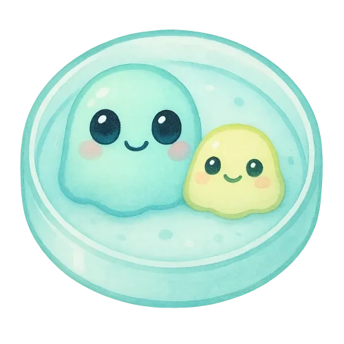 rich vibrant watercolor illustration, kawaii microbiology character, full body clearly visible, centered composition with extra space around the character, framed so character occupies no more than 70% of canvas height, cute round petrie dish buddy with a shallow circular dish shape and soft jelly-like agar surface inside, two happy pastel microbes growing on the agar in simple rounded shapes, soft pastel microbiology palette (main colors mint green and baby aqua with gentle pale lemon accent only), large glossy oval eyes, deep rich black pupils that are perfectly smooth, solid, and uniform (no watercolor texture, no noise, no grain), glassy finish with two clean reflective highlights in pale blue and pale pink (not white so they remain visible on transparent PNG), tiny dot eyebrows, small simple happy smiling mouth, subtle rosy cheek tint, soft diffuse watercolor shading, smooth clean outer silhouette, crisp transparent cutout edge, no outer shading, no glow, no vignette, no background wash, no text, no border, transparent background