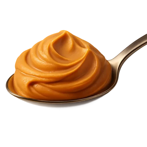 A realistic, appetizing spoonful of creamy smooth peanut butter resting on a clean stainless steel spoon. The peanut butter appears thick, velvety, and rich, with glossy highlights and soft texture ridges formed naturally during scooping. The spoon should look elegant and slightly reflective, with subtle studio lighting that creates warm, cozy, premium tones. Include a soft, natural shadow beneath the spoon and peanut butter so they appear physically resting in space. No background, no table, no additional objects — transparent PNG. Centered composition, high-end artisanal food photography quality, crisp focus, warm highlights, lifelike texture.