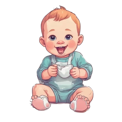 Cute cartoon baby eating, vector illustration style, bright and cute colours, sketch style, smiling face, sitting on the floor, wearing nappy and white socks, exaggerated facial expression showing happy emotions.Super detailed and best quality.
