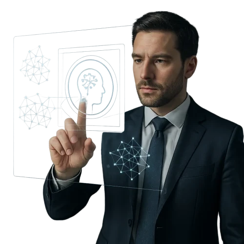 A realistic business professional interacting with a transparent holographic AI interface, neural network visuals floating around, modern office environment, blue and white color tones, ultra-detailed, cinematic lighting, photorealistic, shallow depth of field, no text, no logos