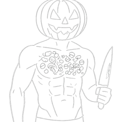a white outline of a man with a pumpkin on the head, bare chest, abs, v-line, chest covered in halloween candies, bloody knife in hand, transparents background