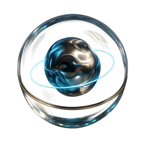 A luxury crystal-glass sphere with a floating liquid-metal core slowly rotating inside, sapphire neon glow, gold accent lines, ultra-realistic reflections, photorealistic, centered --v 5 --ar 1:1 --q 2 --transparent