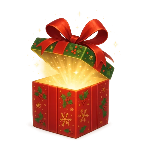Create a detailed Christmas gift box that is opening with a bright, magical light shining out from inside. The box should have festive Christmas wrapping, ribbons, and sparkles of light glowing upward. No background (transparent or plain white). The style should be crisp, vibrant, and magical, with soft glowing effects around the open box.