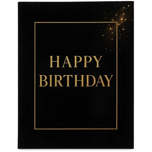 "modern luxury birthday card template, black velvet background, gold foil typography area, champagne sparkles, premium editorial minimalism, transparent PNG layered composition, upscale evening celebration look"  Luxury Colors: Black Velvet + Gold