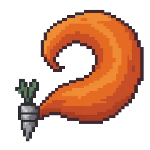 8bit pixel art style, small grey metal carrot positionned in the bottom left corner and a large fox tail sprouting from the carrot, swirling and taking most of the picture space
