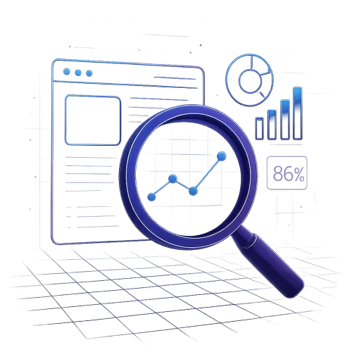 A premium futuristic marketing illustration representing website auditing and performance analysis. Shows a stylized digital magnifying glass examining web interface elements, graphs, and metrics. Incorporates glowing grid patterns, holographic screens, and data visualization motifs. Neon purple and blue highlights, dark gray base tones, high contrast lighting, and reflective surfaces. High detail, minimal clutter, transparent background, isolated design for professional web use. Consistent with futuristic marketing visuals, symbolizing deep analysis, precision, and digital insight.